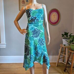 Vintage Y2K Express Midi Dress Blue Foliage Cowl Neck Summer Size 11/12